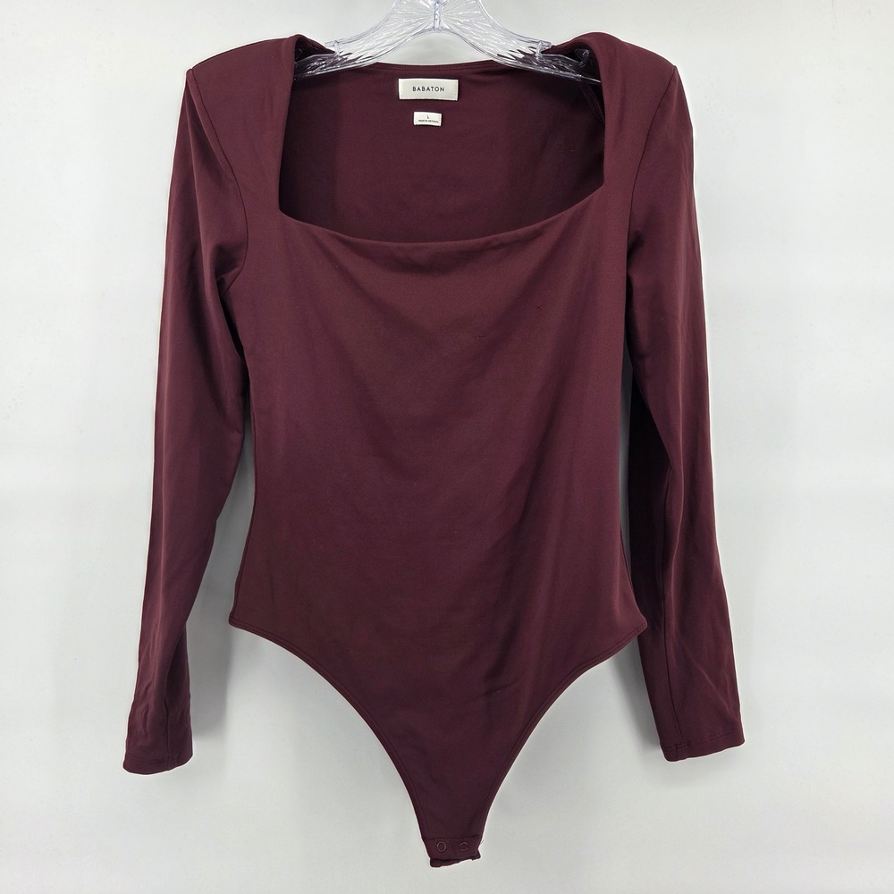 Babaton Square Neck Bodysuit Large Burgundy Long‎ Sleeve Chic Minimalist